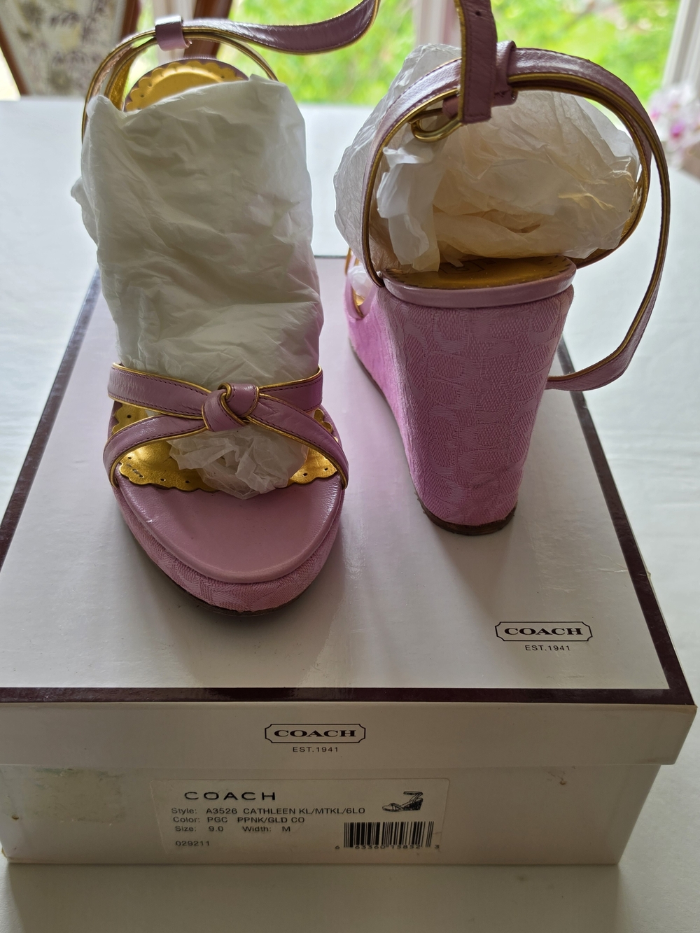 Coach Lilac Pink Wedge Sandals with Gold Accents